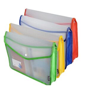 Shuban 4 Pcs Assorted Color Plastic File Folder Horizontal Poly Envelope FS Size File Document Organizer with Snap Closure & Label Pocket Clear Colored File for Office