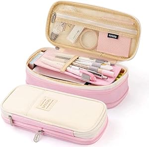 FINEMOE Large Pencil Case Stationery Items for Girls and Boys, Canvas Bags Pen Pencil Pouch for School College and Office, Organize Makeup Cosmetic, Aesthetic Cute Stationary Box for Daily Use (Pink)