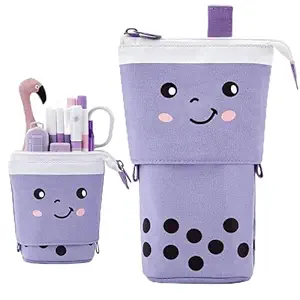 FINEMOE Polyester Standing Pencil Case Cute Pencil Pouch For Girls Boys - Korean Boba Pop Up Stationery Makeup Cosmetic Organizer Box, Pen Pencil For Boys Kids Women School Students (Purple)