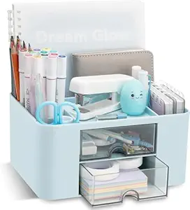 UCRAVO Stylish Stackable Desk Organizer with 2 Drawers and 5 Compartments– Multi-Functional Desktop Storage Box with Pen Holder for Home, Office, School, Craft Supplies, and Art Stationery - Blue